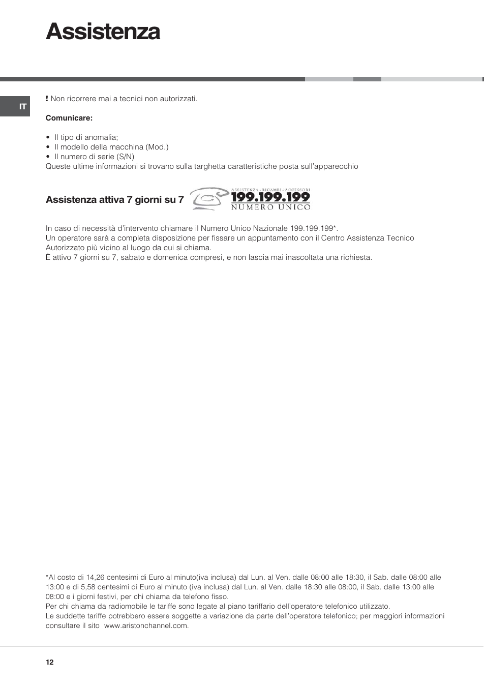 Assistenza | Ariston CE6VM3 R/HA User Manual | Page 12 / 68