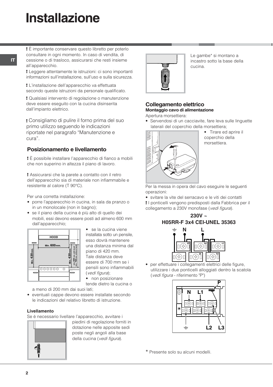 Installazione, Posizionamento e livellamento, Collegamento elettrico | Nl2 l1 l3 p | Ariston CE6VM3 R/HA User Manual | Page 2 / 68