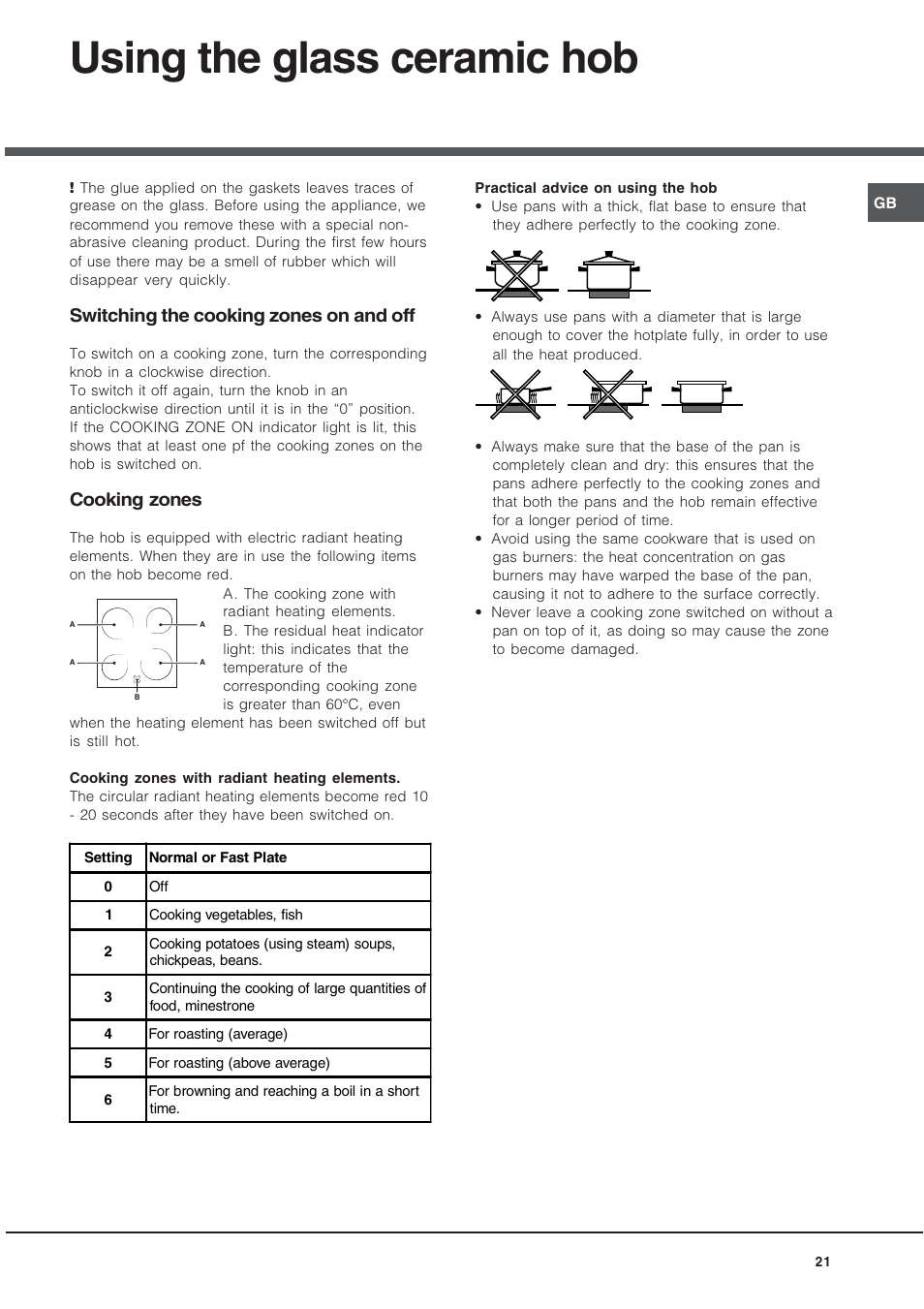 Using the glass ceramic hob, Switching the cooking zones on and off, Cooking zones | Ariston CE6VM3 R/HA User Manual | Page 21 / 68