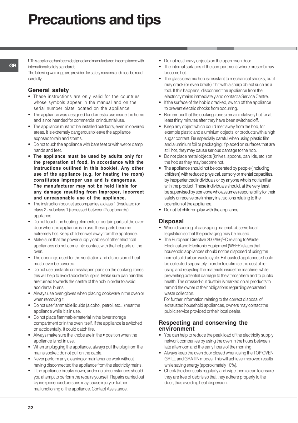 Precautions and tips, General safety, Disposal | Respecting and conserving the environment | Ariston CE6VM3 R/HA User Manual | Page 22 / 68