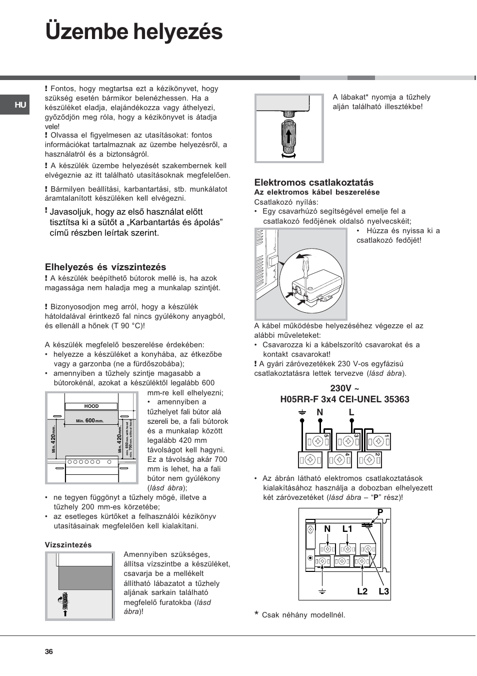 Üzembe helyezés, Elhelyezés és vízszintezés, Elektromos csatlakoztatás | Ariston CE6VM3 R/HA User Manual | Page 36 / 68