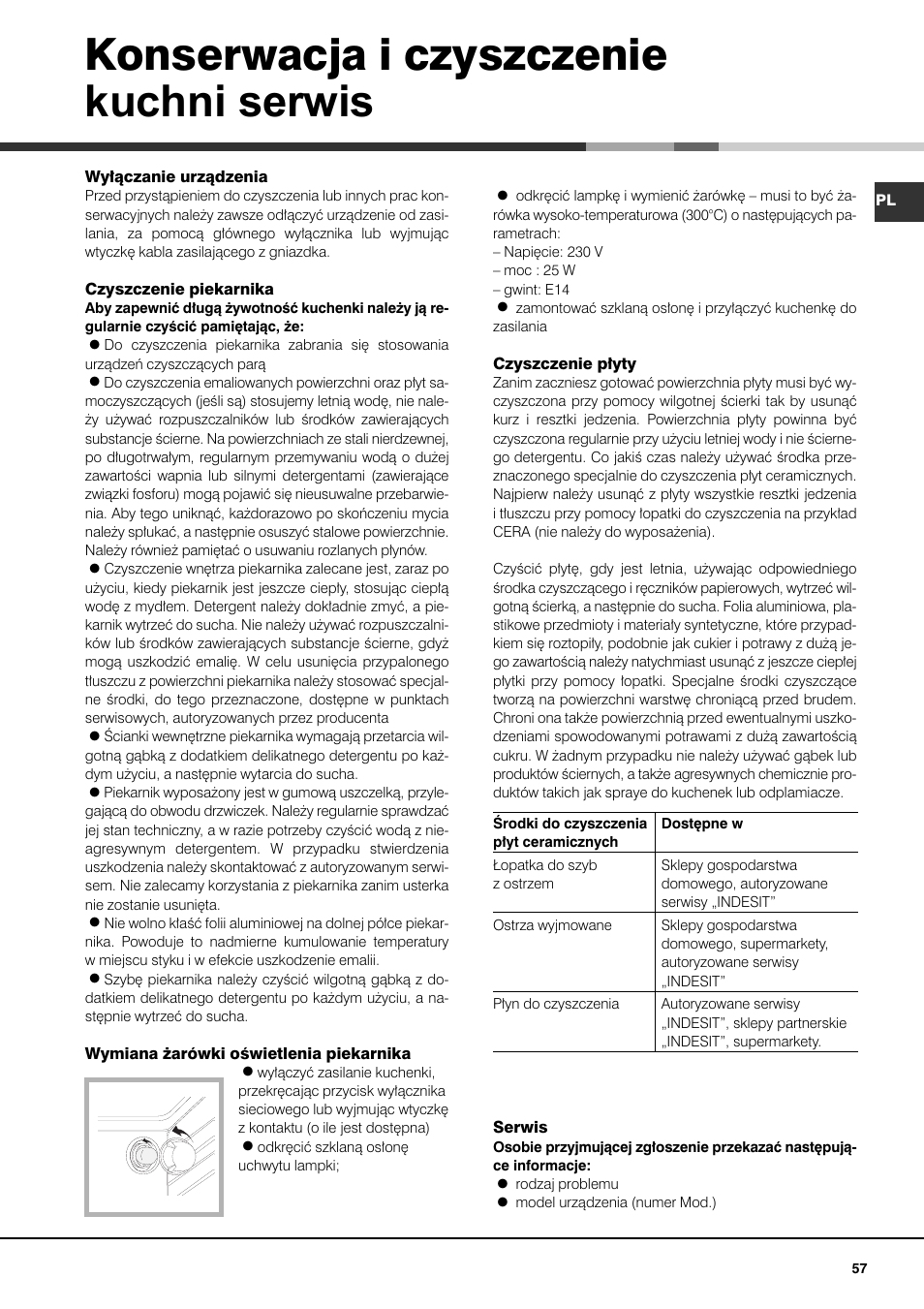 Konserwacja i czyszczenie kuchni serwis | Ariston CE6VM3 R/HA User Manual | Page 57 / 68