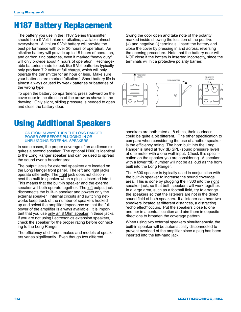 H187 battery replacement, Using additional speakers | Lectrosonics Long Ranger IV User Manual | Page 10 / 20