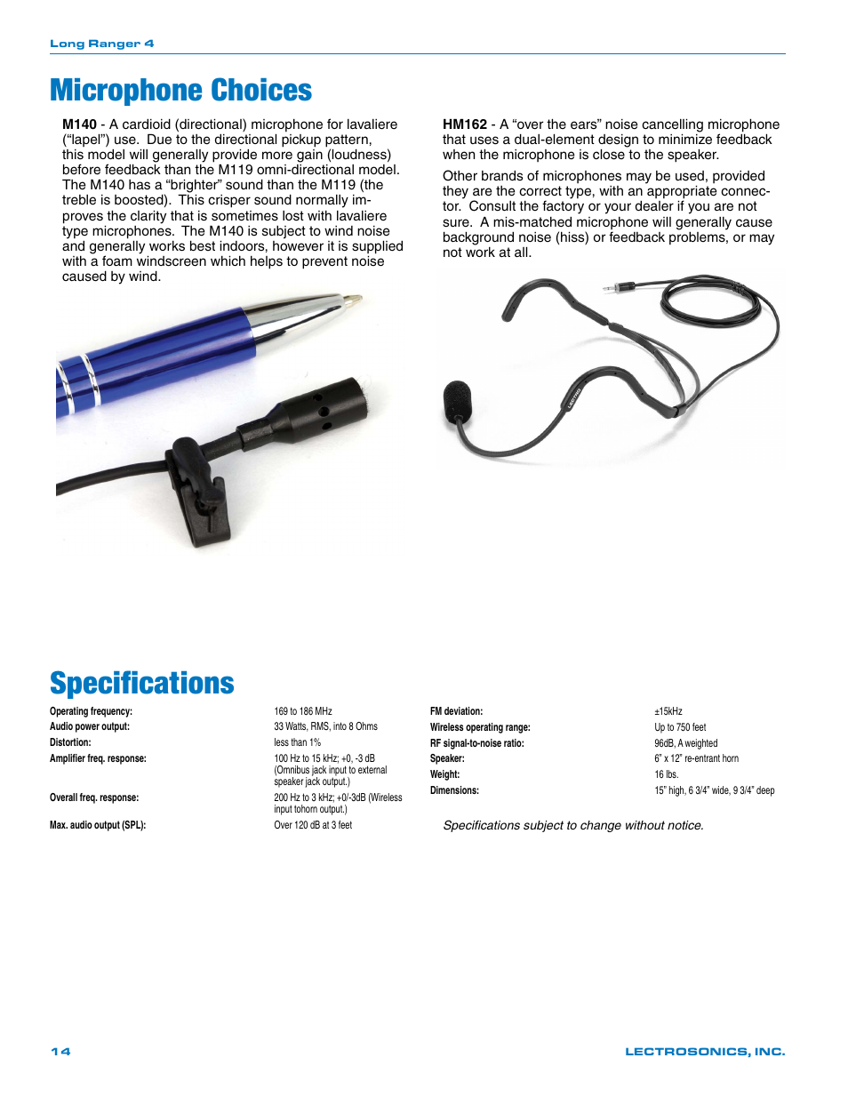 Microphone choices, Specifications | Lectrosonics Long Ranger IV User Manual | Page 14 / 20