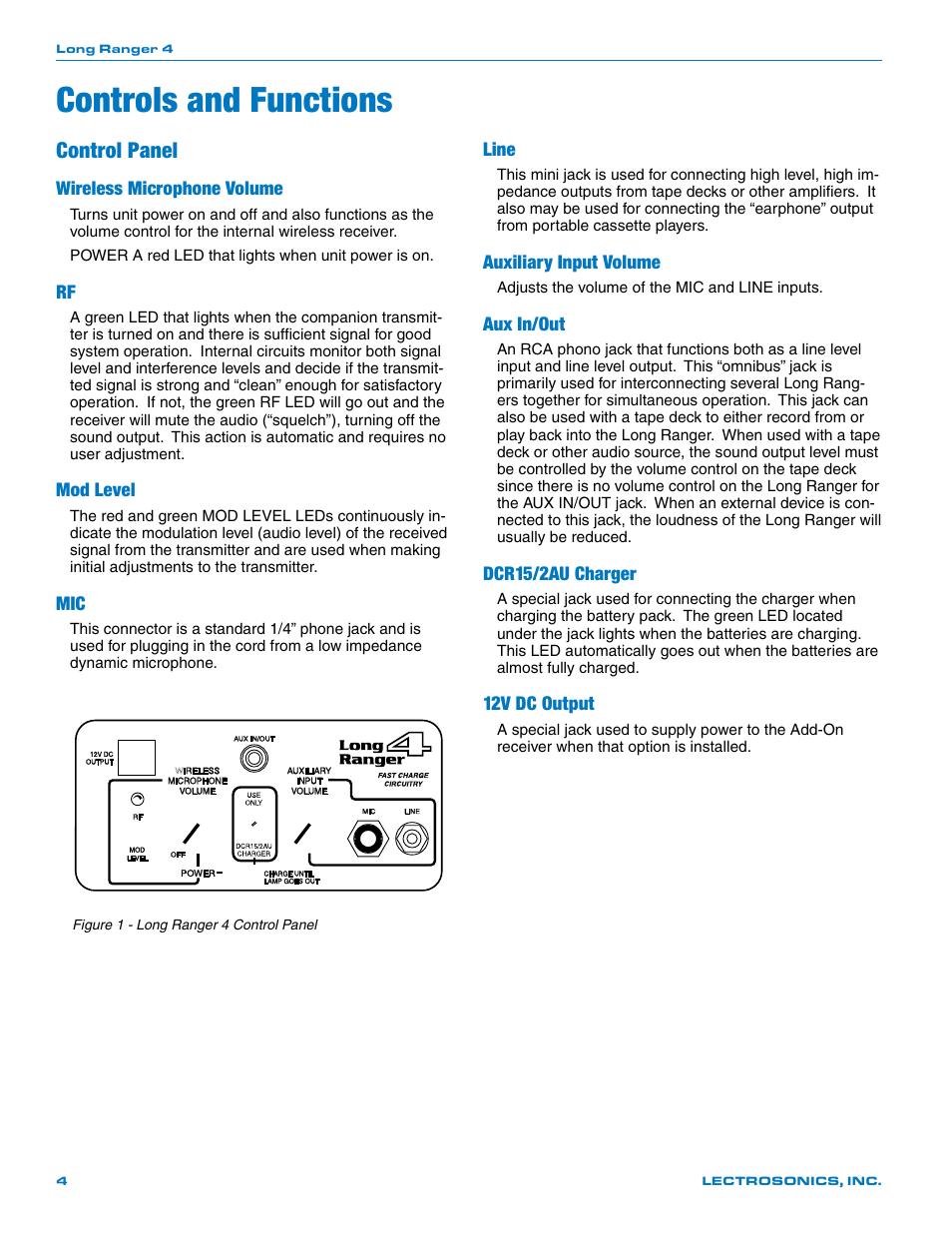 Controls and functions, Control panel, Wireless microphone volume | Mod level, Line, Auxiliary input volume, Aux in/out, Dcr15/2au charger, 12v dc output | Lectrosonics Long Ranger IV User Manual | Page 4 / 20