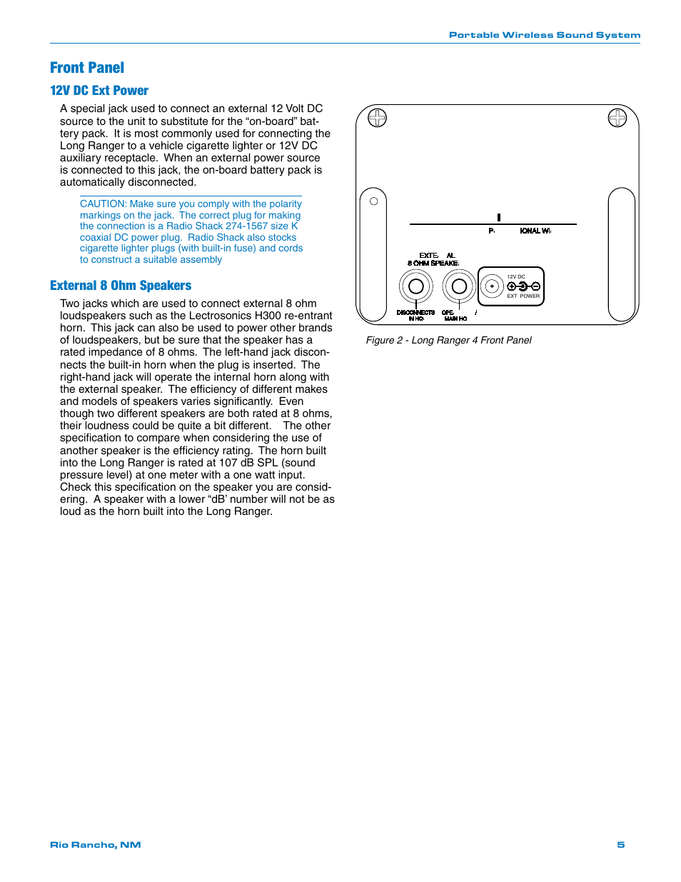 Front panel, 12v dc ext power, External 8 ohm speakers | Lectrosonics Long Ranger IV User Manual | Page 5 / 20