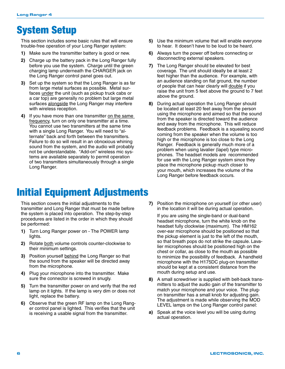 System setup, Initial equipment adjustments | Lectrosonics Long Ranger IV User Manual | Page 6 / 20