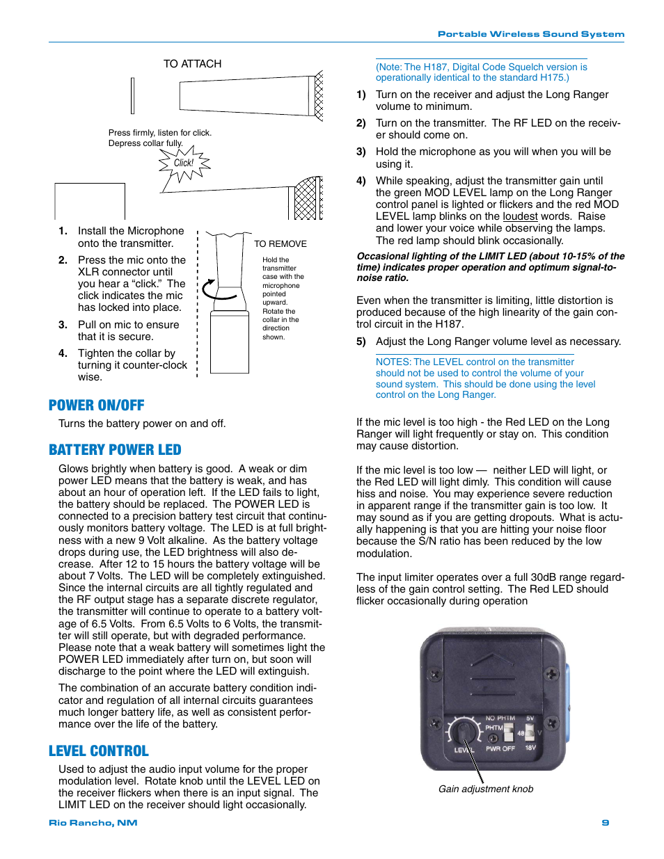 Power on/off, Battery power led, Level control | Lectrosonics Long Ranger IV User Manual | Page 9 / 20