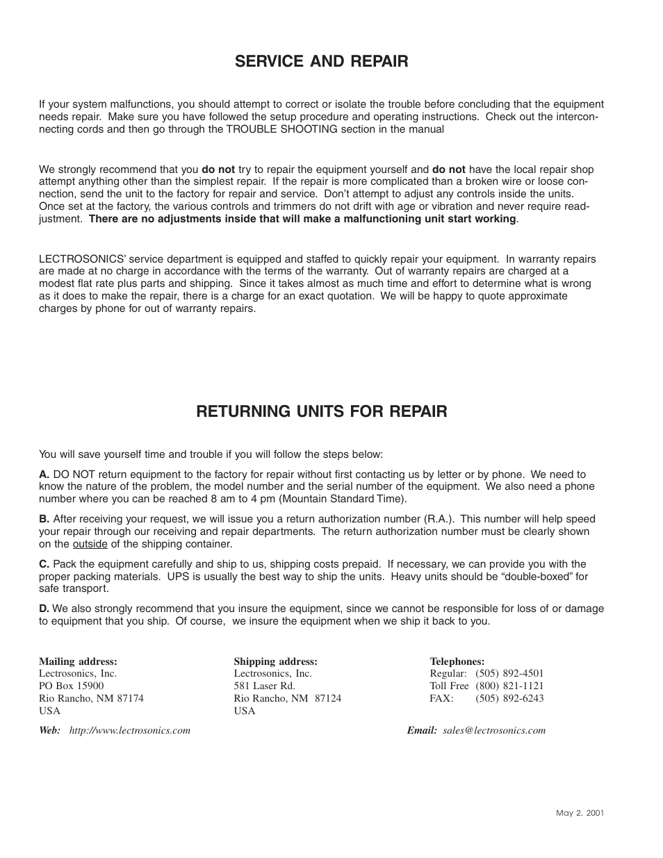Service and repair, Returning units for repair | Lectrosonics PP25 User Manual | Page 6 / 6