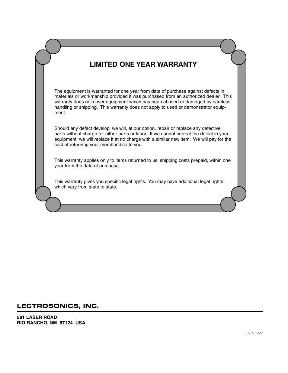 Limited one year warranty | Lectrosonics VP18R User Manual | Page 10 / 10
