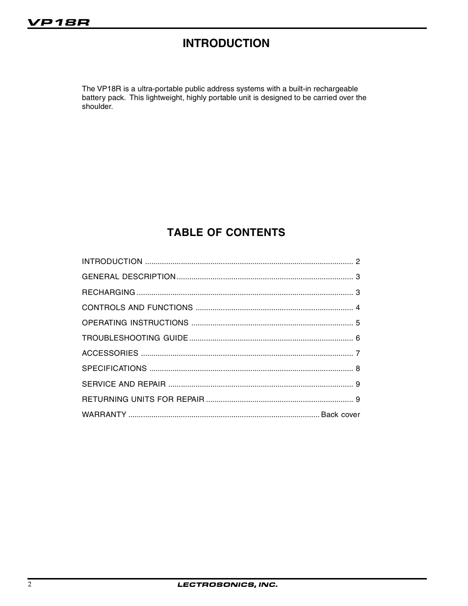 Lectrosonics VP18R User Manual | Page 2 / 10
