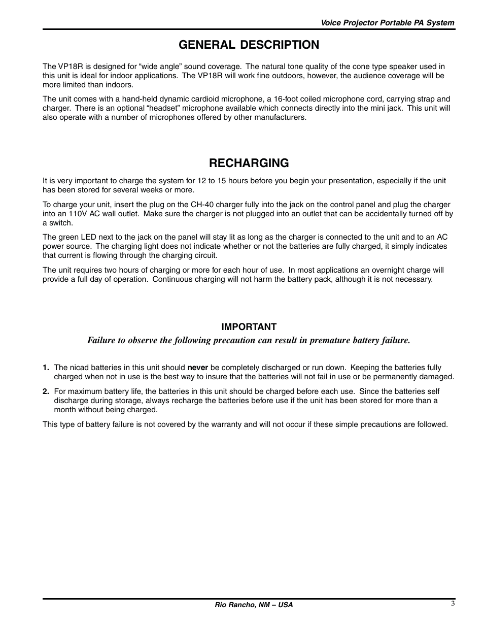 General description, Recharging | Lectrosonics VP18R User Manual | Page 3 / 10