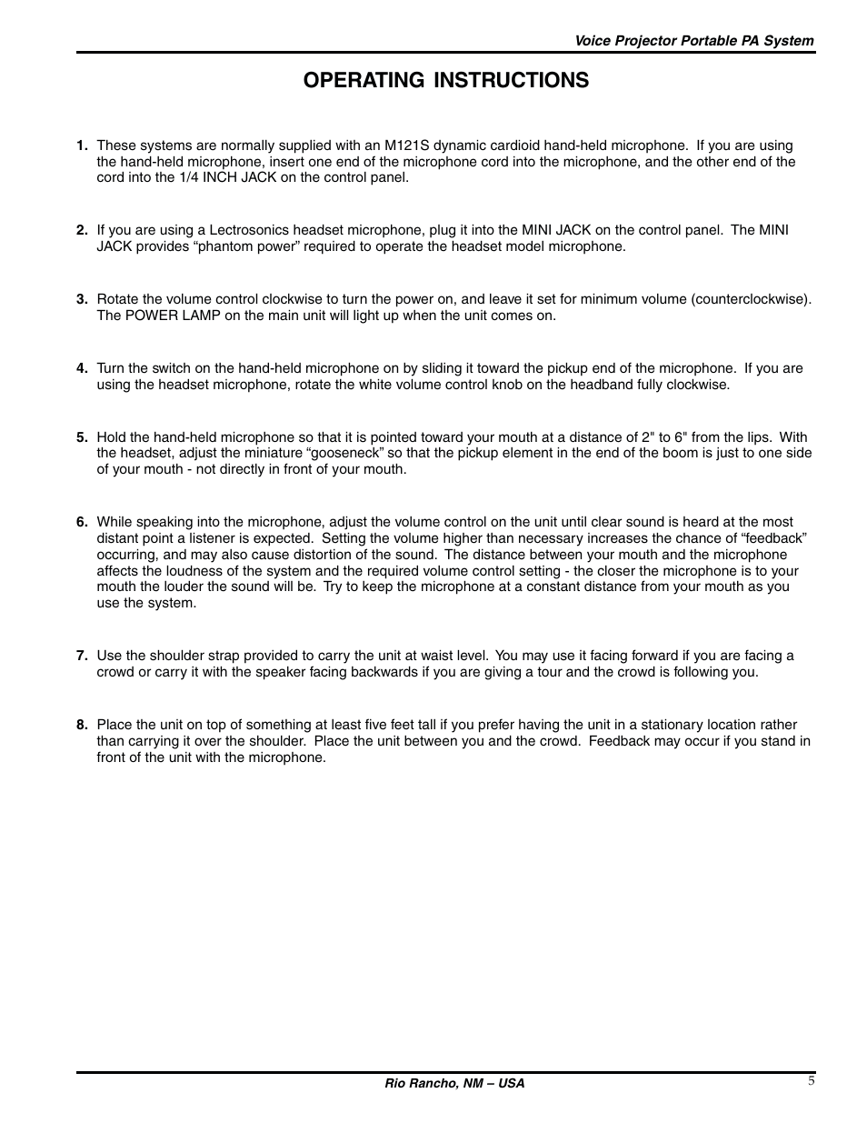 Operating instructions | Lectrosonics VP18R User Manual | Page 5 / 10