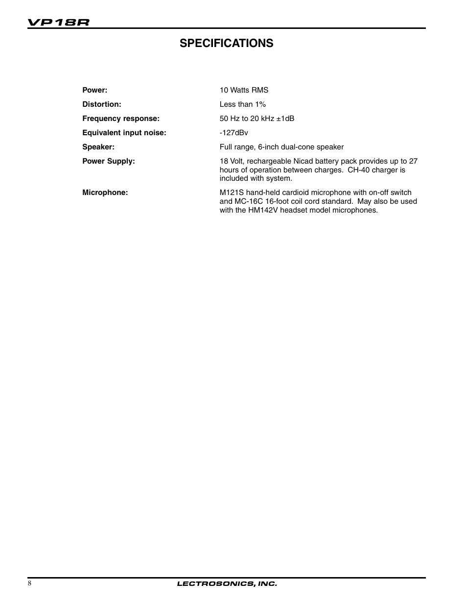 Specifications | Lectrosonics VP18R User Manual | Page 8 / 10