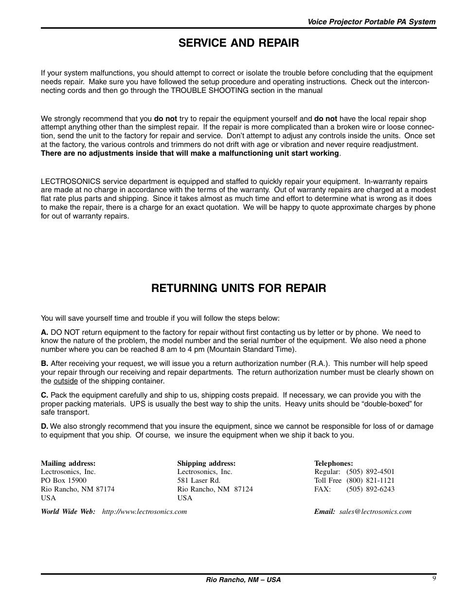 Service and repair, Returning units for repair | Lectrosonics VP18R User Manual | Page 9 / 10