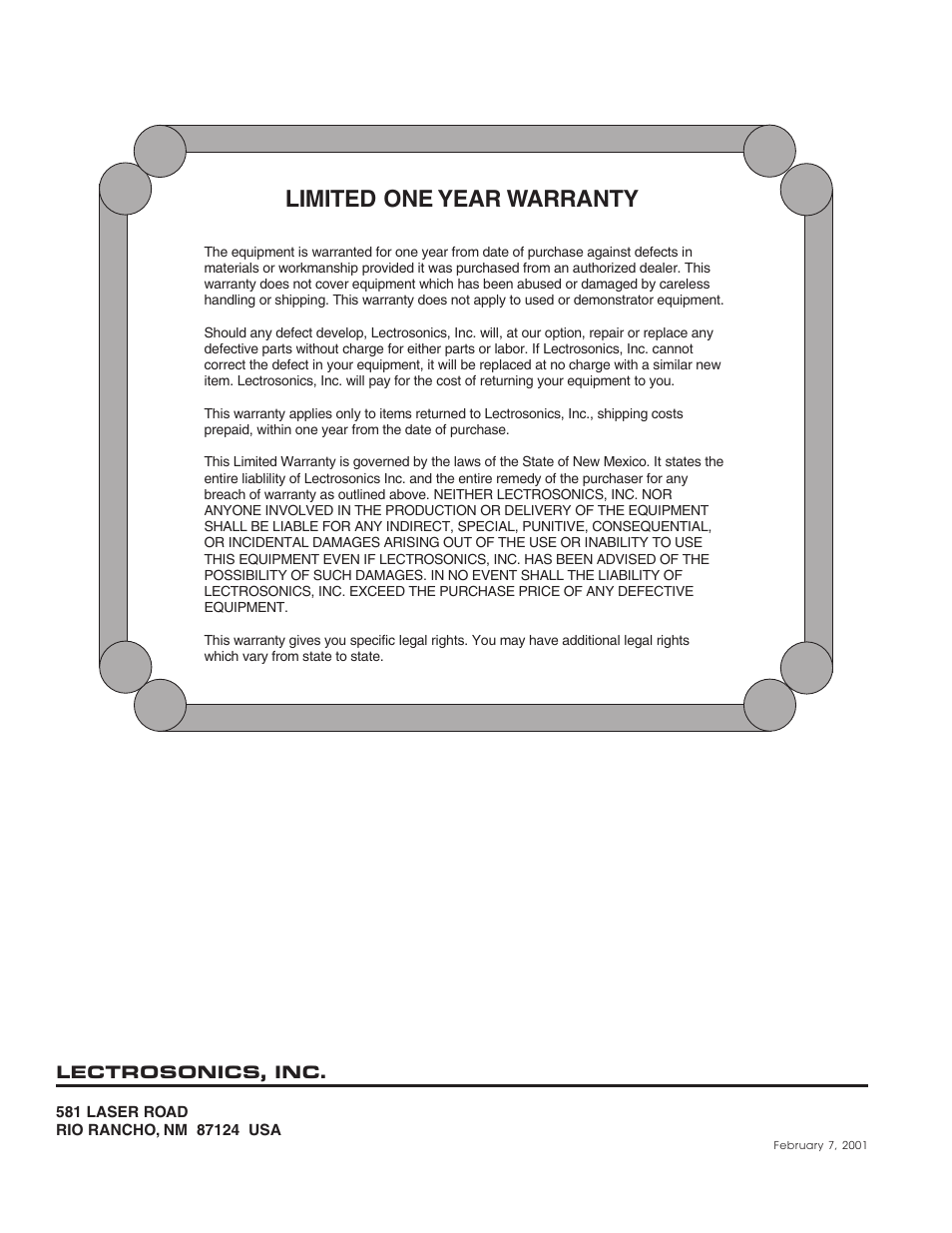 Limited one year warranty | Lectrosonics VP85 User Manual | Page 10 / 10