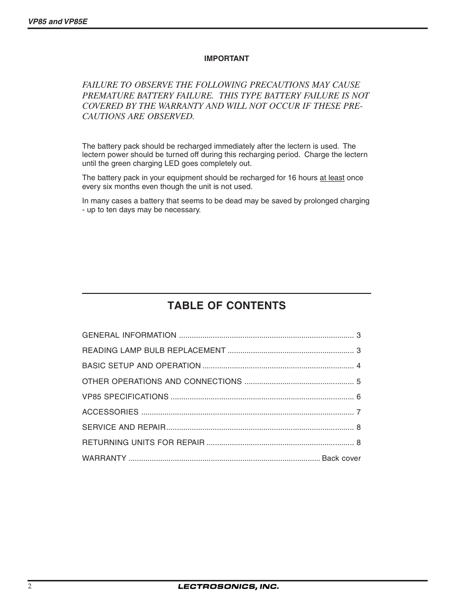 Lectrosonics VP85 User Manual | Page 2 / 10