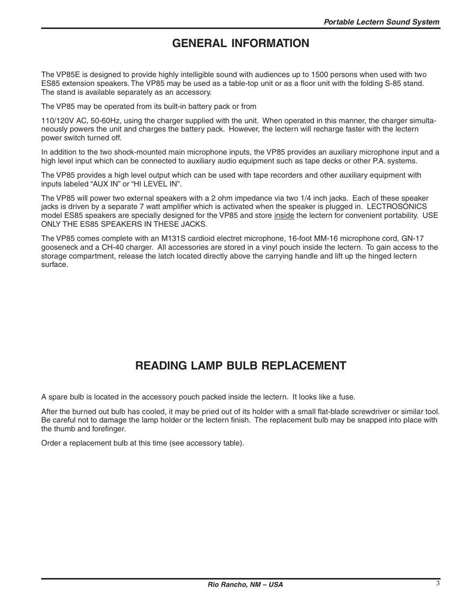 General information, Reading lamp bulb replacement | Lectrosonics VP85 User Manual | Page 3 / 10