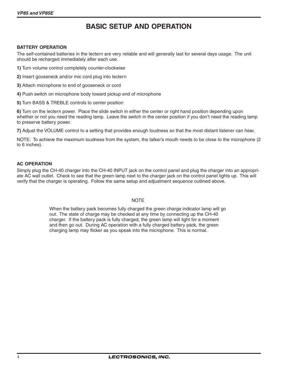 Basic setup and operation | Lectrosonics VP85 User Manual | Page 4 / 10
