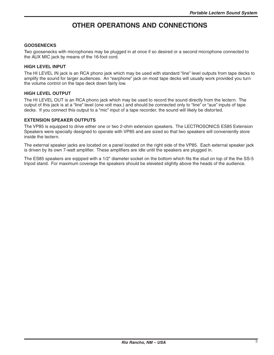 Other operations and connections | Lectrosonics VP85 User Manual | Page 5 / 10