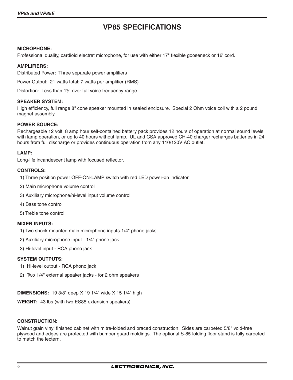 Vp85 specifications | Lectrosonics VP85 User Manual | Page 6 / 10