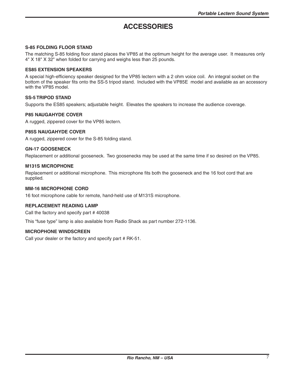 Accessories | Lectrosonics VP85 User Manual | Page 7 / 10
