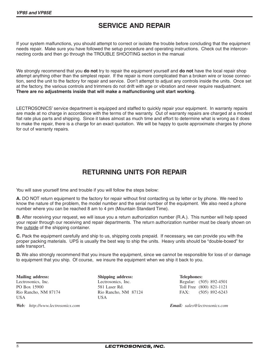 Service and repair, Returning units for repair | Lectrosonics VP85 User Manual | Page 8 / 10