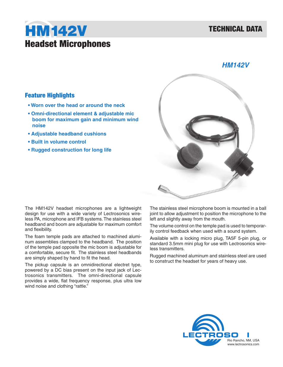Lectrosonics HM142V User Manual | 1 page