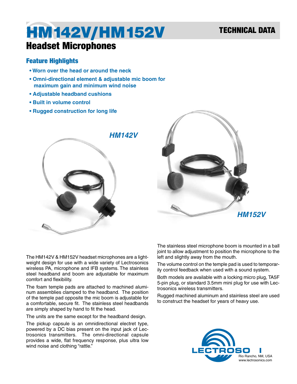 Lectrosonics HM152V User Manual | 1 page