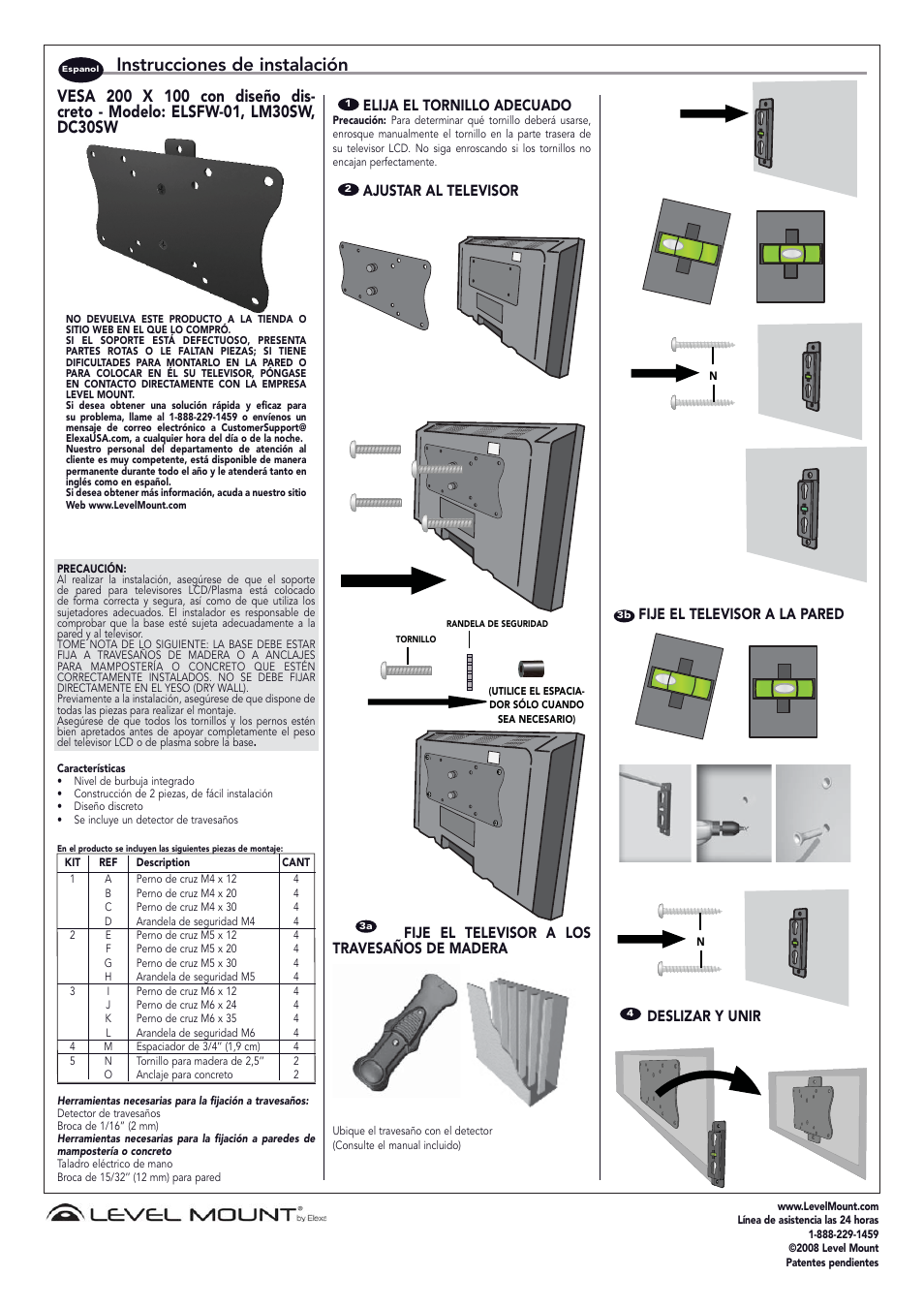 Instrucciones de instalación, Elija el tornillo adecuado, Ajustar al televisor | Fije el televisor a los travesaños de madera, Fije el televisor a la pared, Deslizar y unir | Level Mount LM30SW User Manual | Page 2 / 3