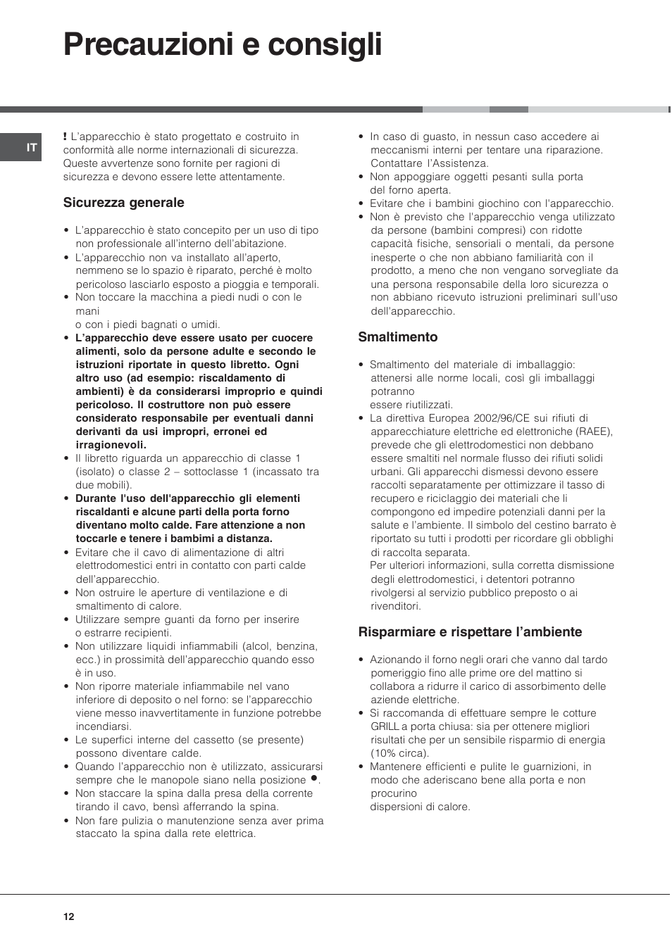 Precauzioni e consigli | Ariston CG64SG3 User Manual | Page 12 / 68