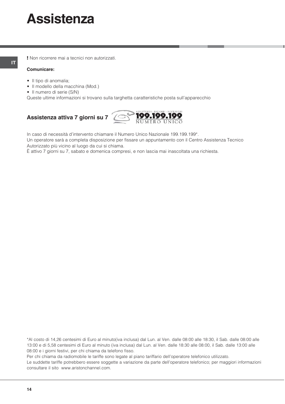 Assistenza | Ariston CG64SG3 User Manual | Page 14 / 68