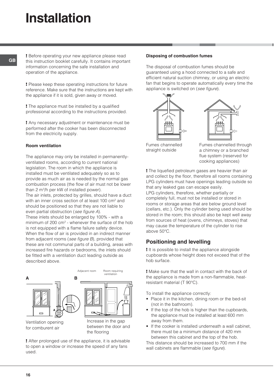 Installation, Positioning and levelling | Ariston CG64SG3 User Manual | Page 16 / 68