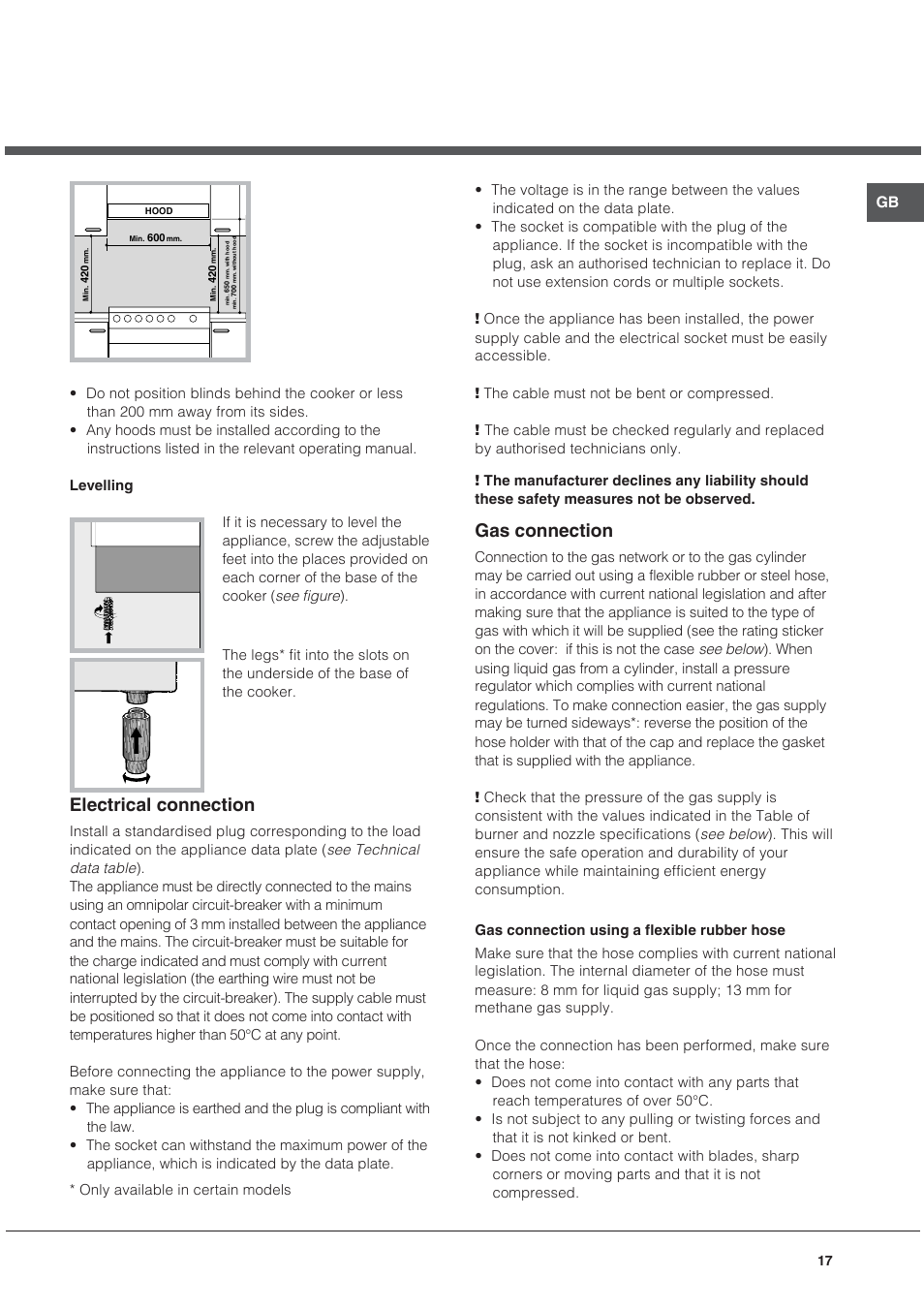 Electrical connection, Gas connection | Ariston CG64SG3 User Manual | Page 17 / 68