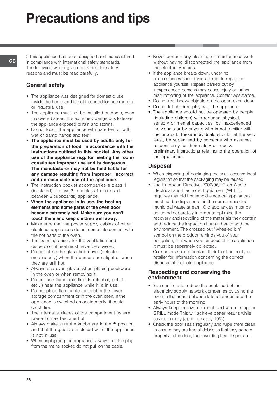 Precautions and tips | Ariston CG64SG3 User Manual | Page 26 / 68