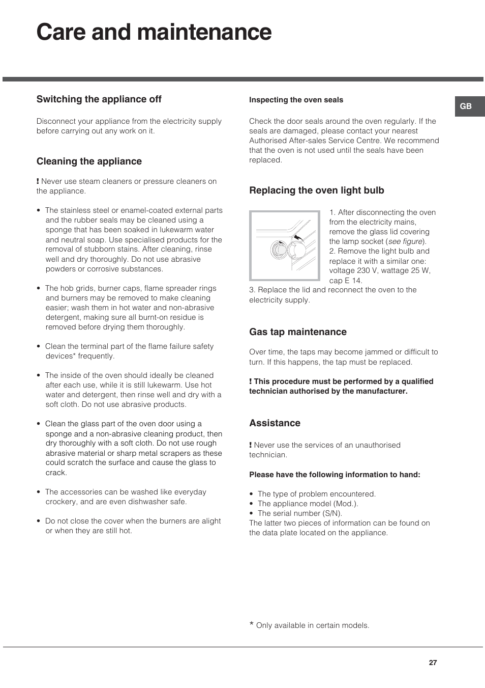 Care and maintenance | Ariston CG64SG3 User Manual | Page 27 / 68