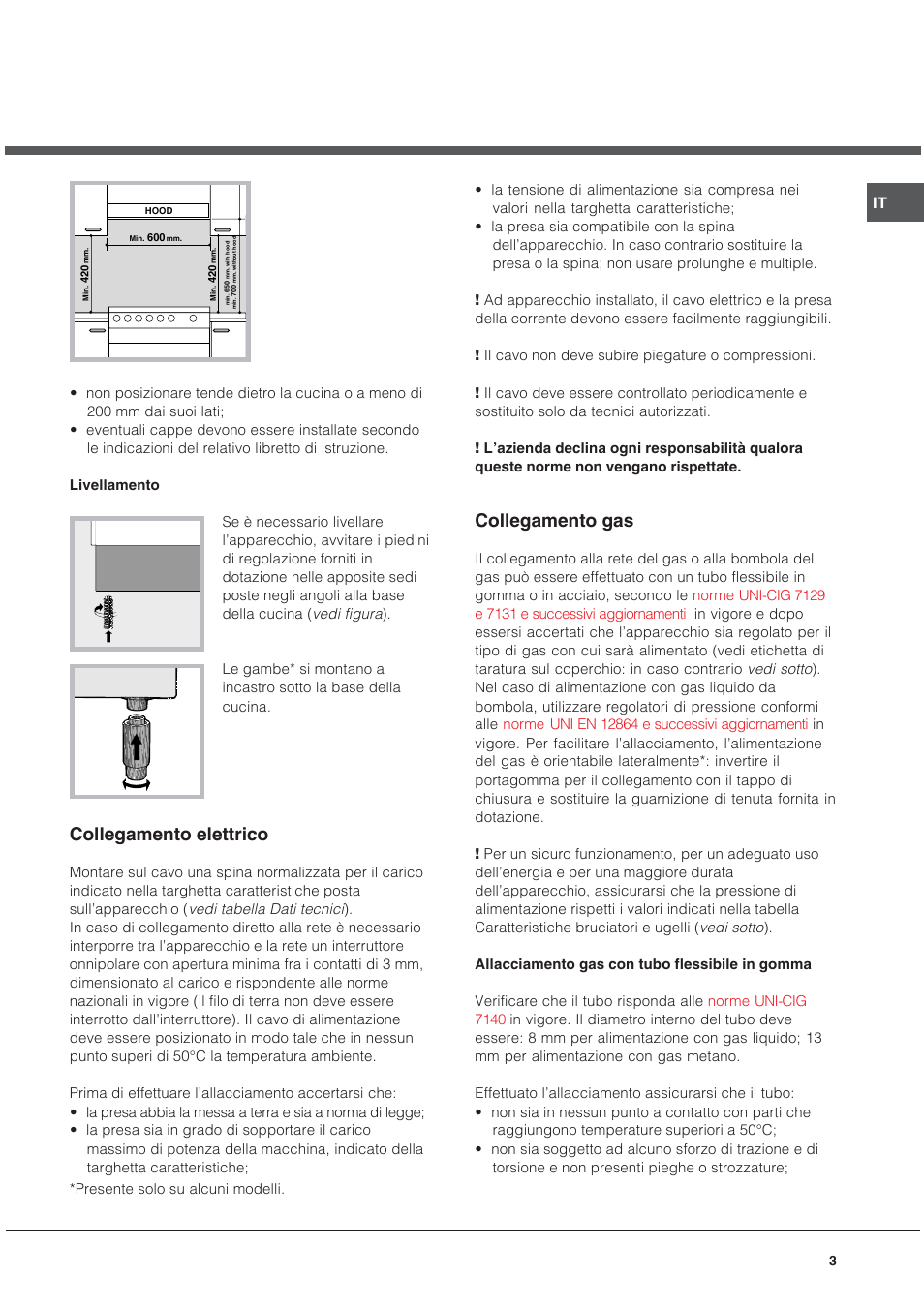Collegamento elettrico, Collegamento gas | Ariston CG64SG3 User Manual | Page 3 / 68