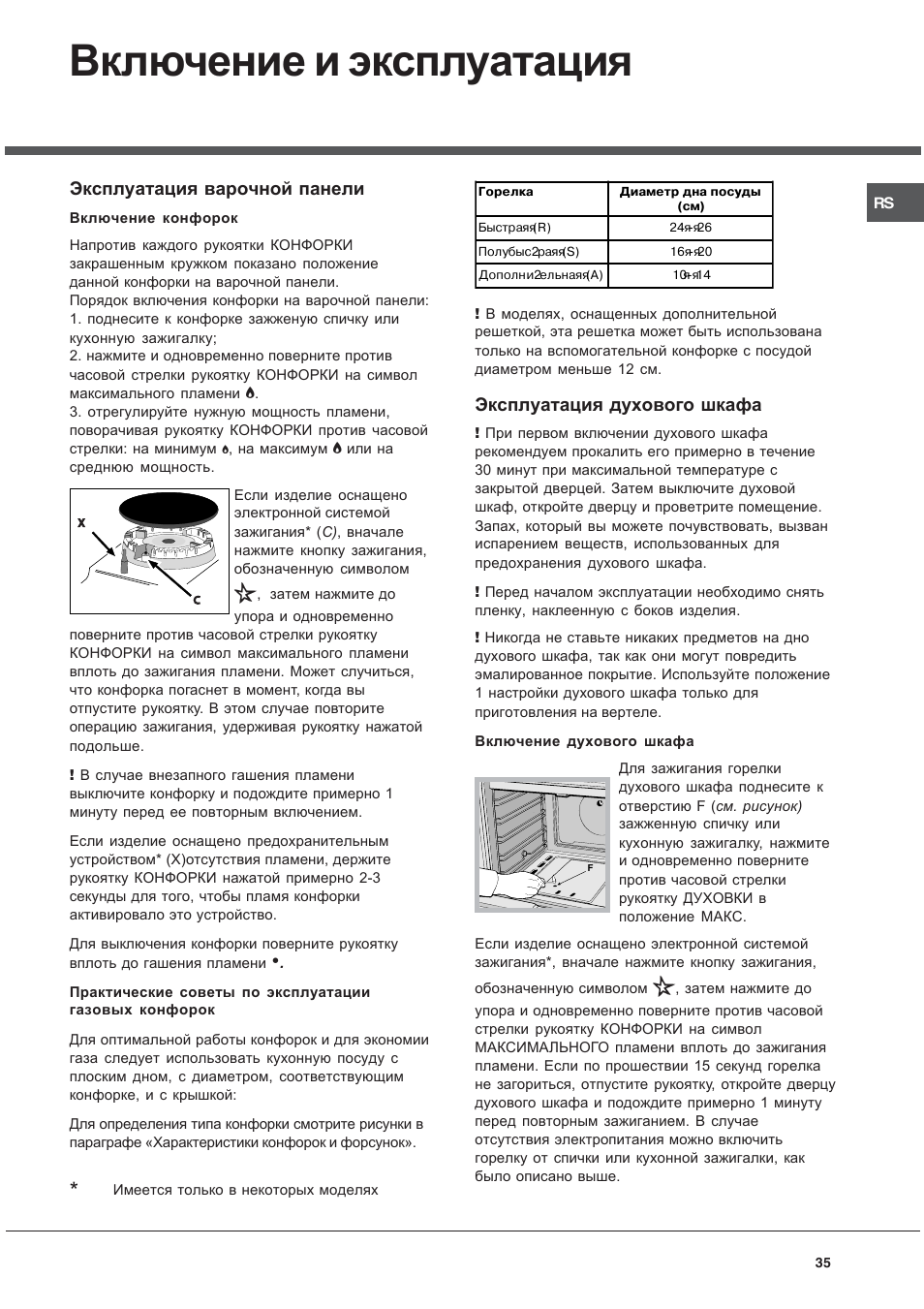 Включение и эксплуатация | Ariston CG64SG3 User Manual | Page 35 / 68