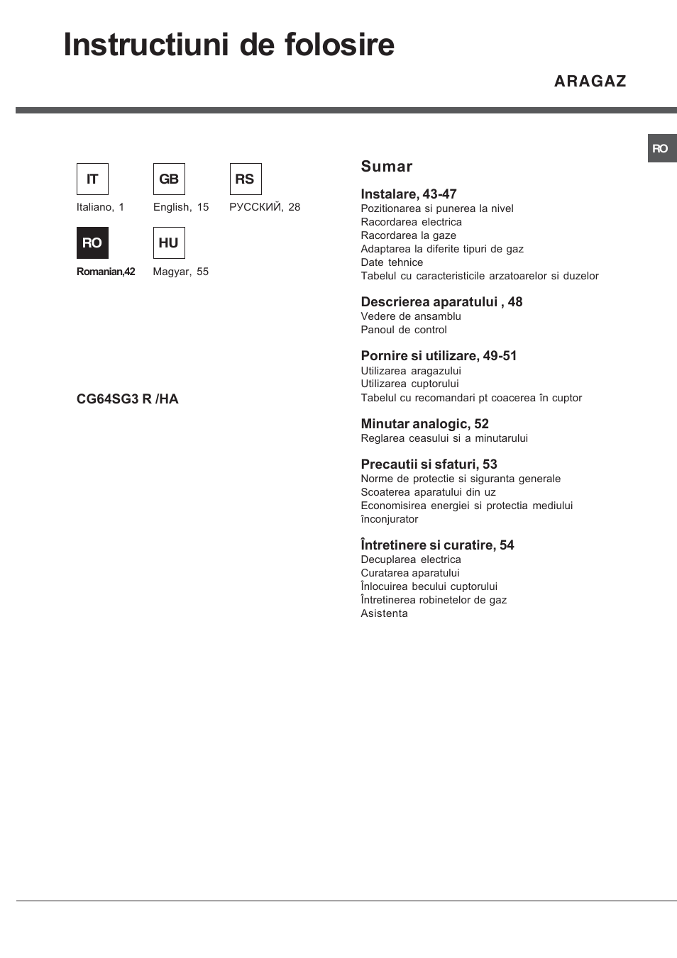 Instructiuni de folosire, Sumar, Aragaz | Ariston CG64SG3 User Manual | Page 42 / 68