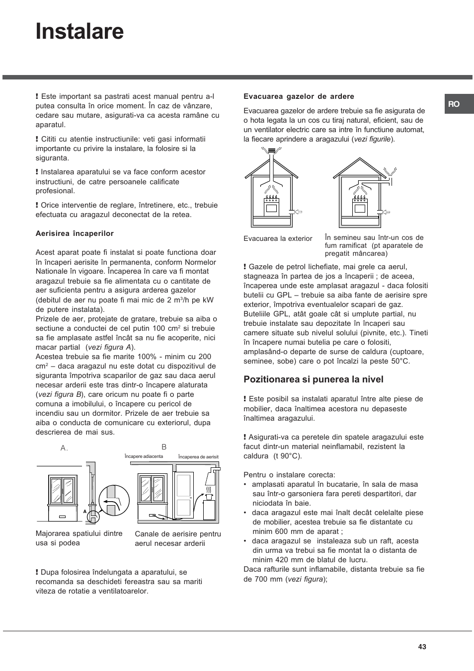Instalare, Pozitionarea si punerea la nivel | Ariston CG64SG3 User Manual | Page 43 / 68
