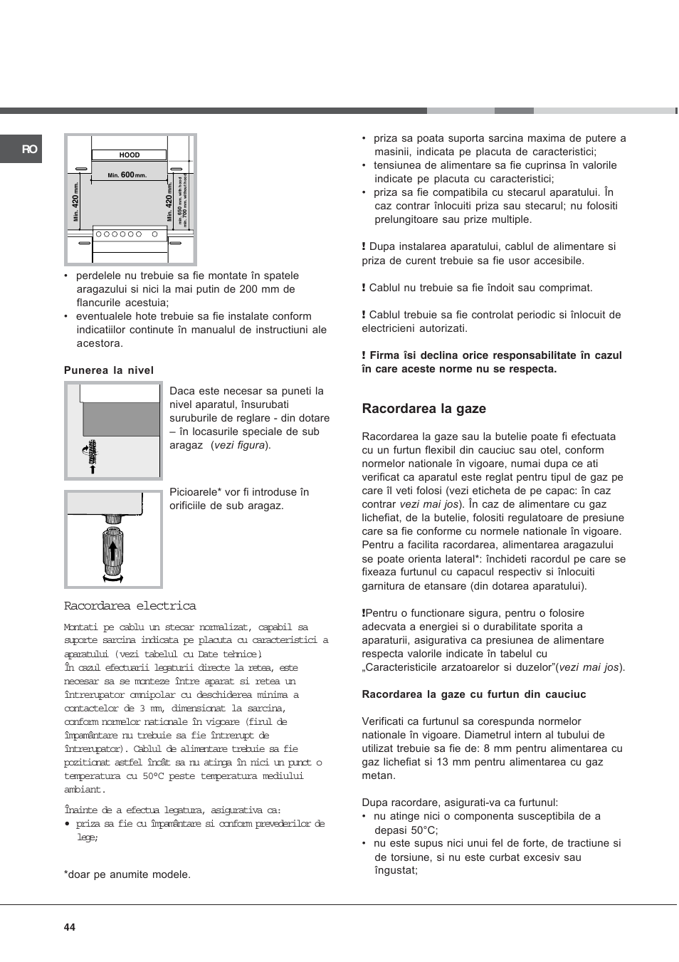 Racordarea la gaze, Racordarea electrica | Ariston CG64SG3 User Manual | Page 44 / 68