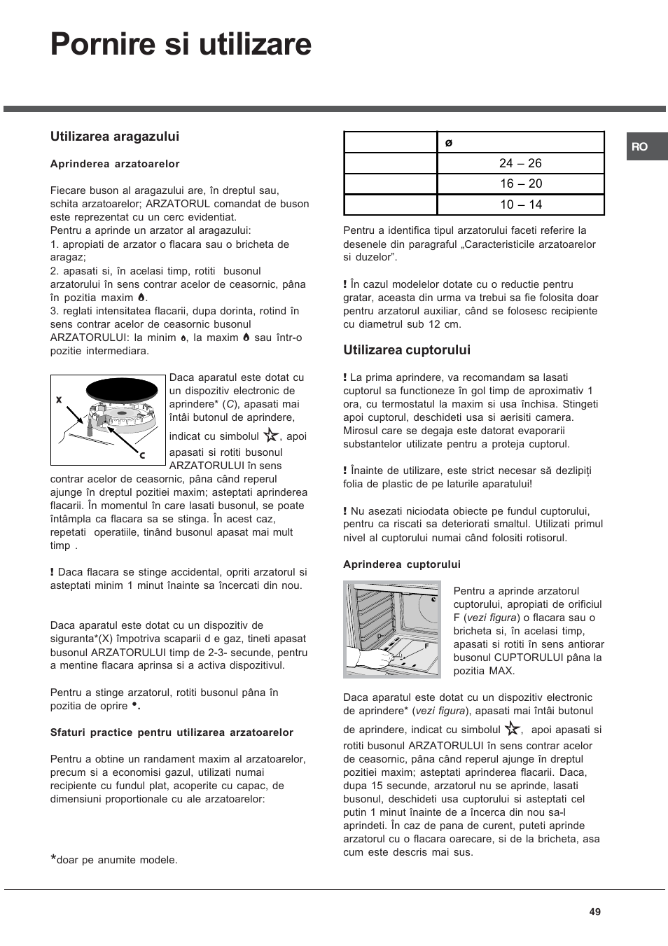 Pornire si utilizare | Ariston CG64SG3 User Manual | Page 49 / 68