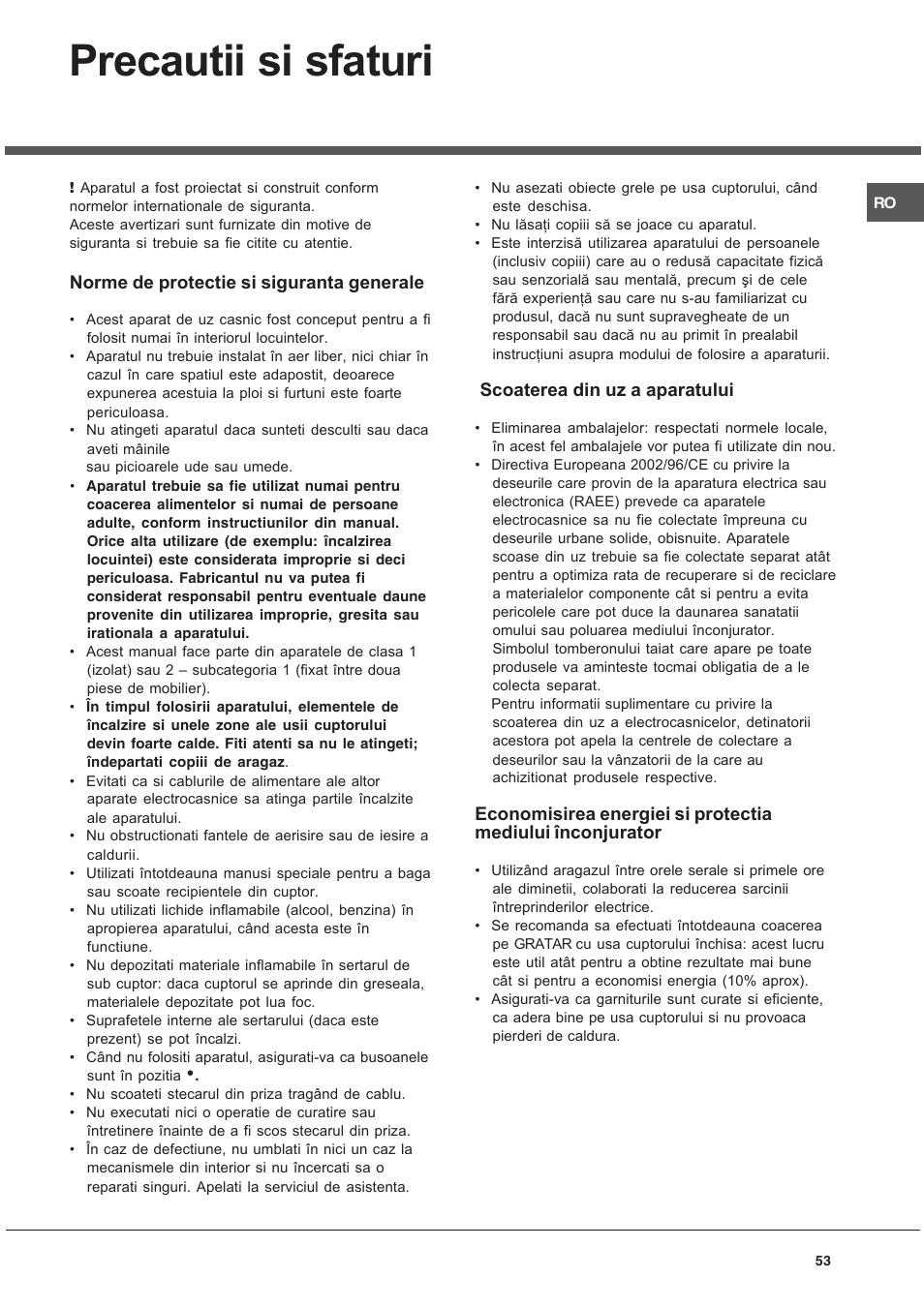 Precautii si sfaturi | Ariston CG64SG3 User Manual | Page 53 / 68