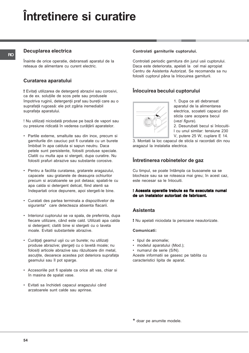 Întretinere si curatire | Ariston CG64SG3 User Manual | Page 54 / 68