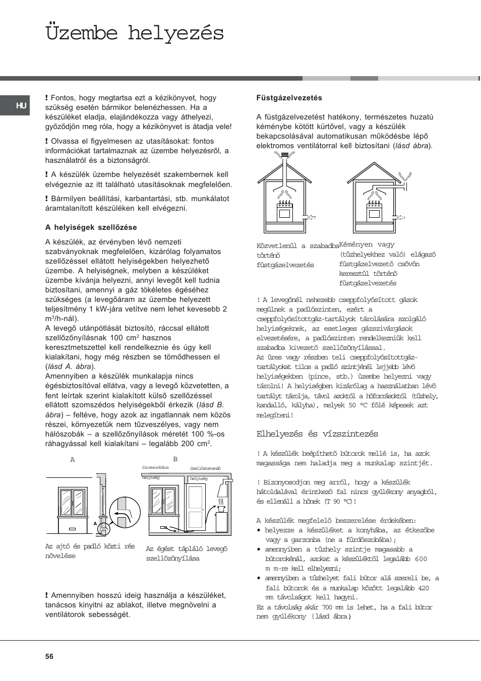 Üzembe helyezés, Elhelyezés és vízszintezés | Ariston CG64SG3 User Manual | Page 56 / 68
