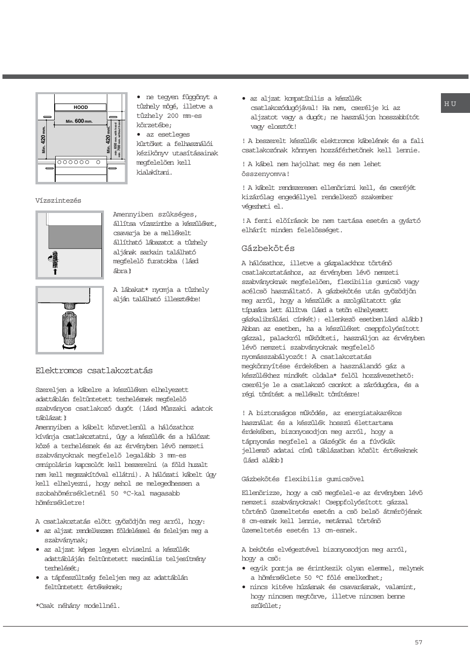 Gázbekötés, Elektromos csatlakoztatás | Ariston CG64SG3 User Manual | Page 57 / 68
