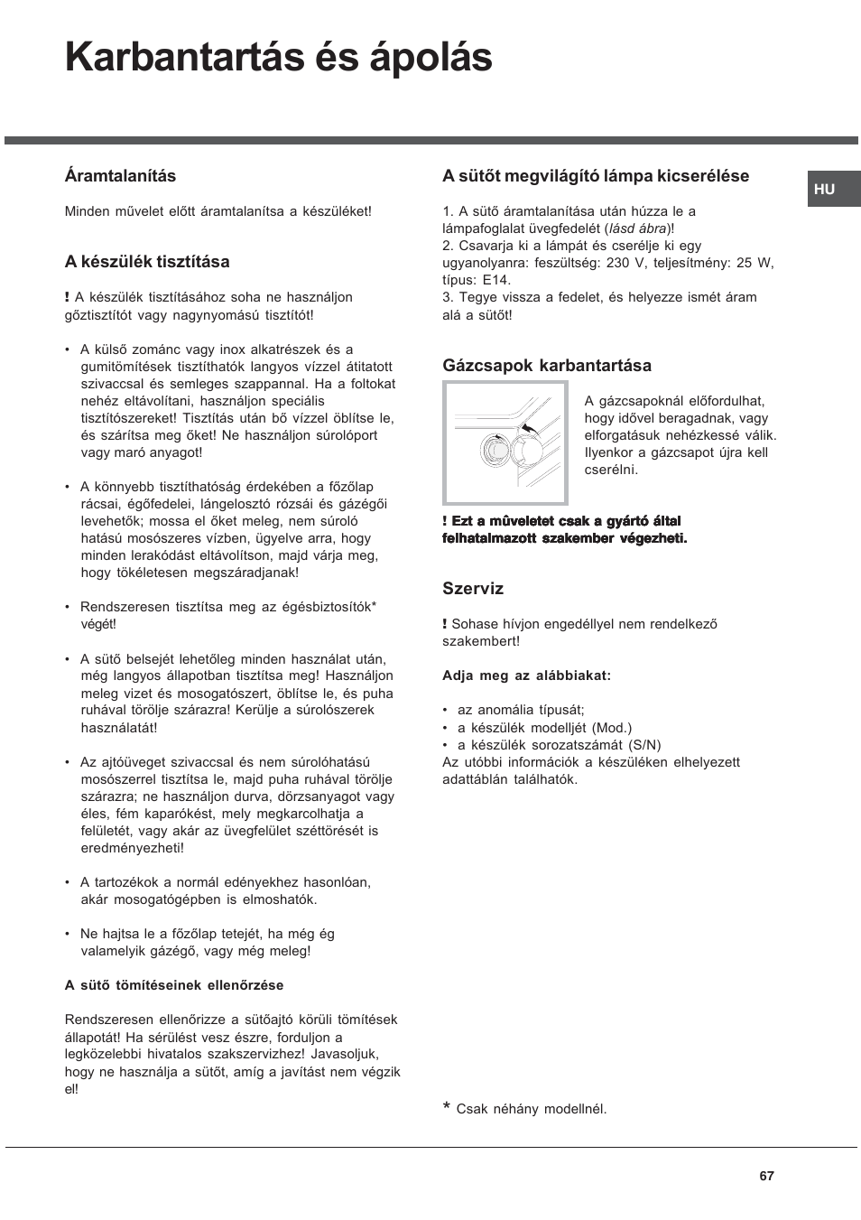 Karbantartás és ápolás | Ariston CG64SG3 User Manual | Page 67 / 68