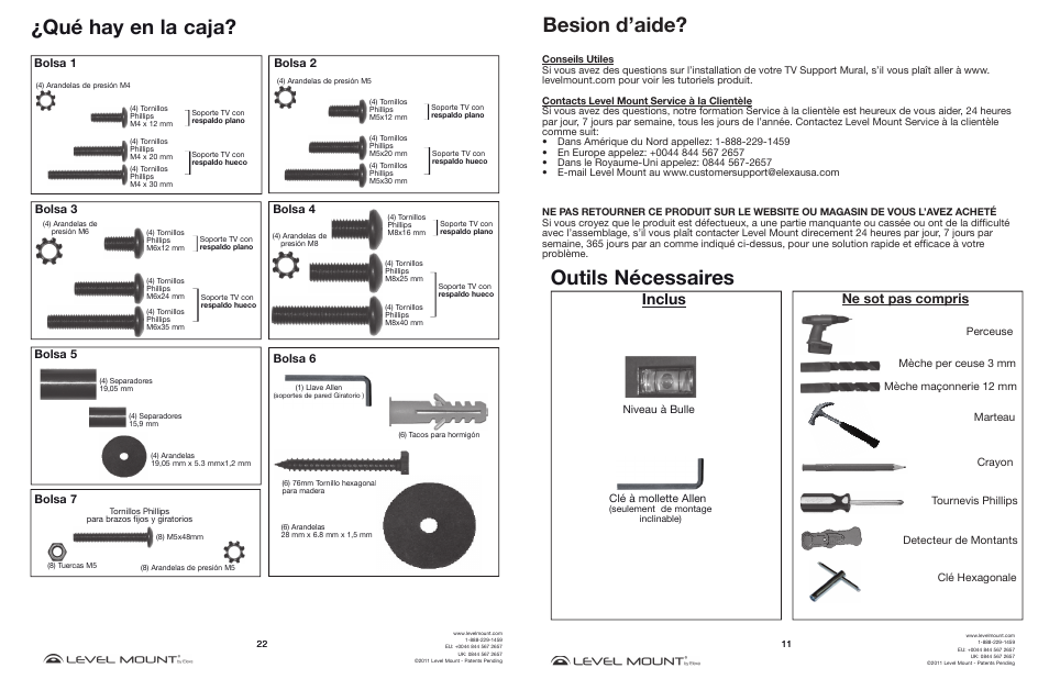 Qué hay en la caja, Besion d’aide, Outils nécessaires | Inclus, Ne sot pas compris, Bolsa 6, Bolsa 1, Bolsa 2, Bolsa 3, Bolsa 7 | Level Mount DC65T User Manual | Page 11 / 16