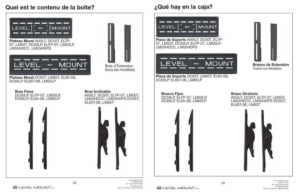 Quel est le contenu de la boîte, Qué hay en la caja, Brazos de extensión | Todos los modelos | Level Mount DC65T User Manual | Page 12 / 16