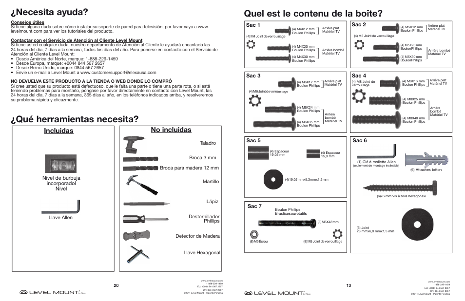 Necesita ayuda, Qué herramientas necesita, Quel est le contenu de la boîte | Incluidas, No incluidas, Nivel de burbuja incorporadol nivel, Sac 7, Sac 5, Sac 1, Sac 3 | Level Mount DC65T User Manual | Page 13 / 16